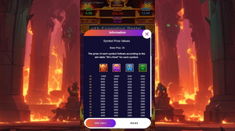 Treasures of Hades 2 — Paytable at Simbolo ng Rectangle Games slot na may 96.95% RTP